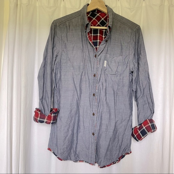 Ben Sherman double-cloth reversible button up shirt, plaid / chambray - Picture 2 of 7